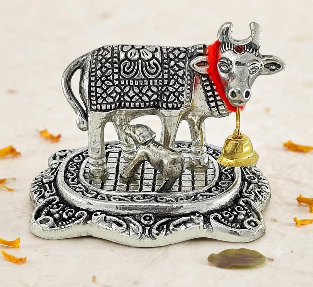 Decorative Metal Cow & Calf Idol – Modern Kamdhenu Statue for Home Décor, Pooja Room & Office Desk | Auspicious Vastu Showpiece | Festive & Spiritual Gifting Item