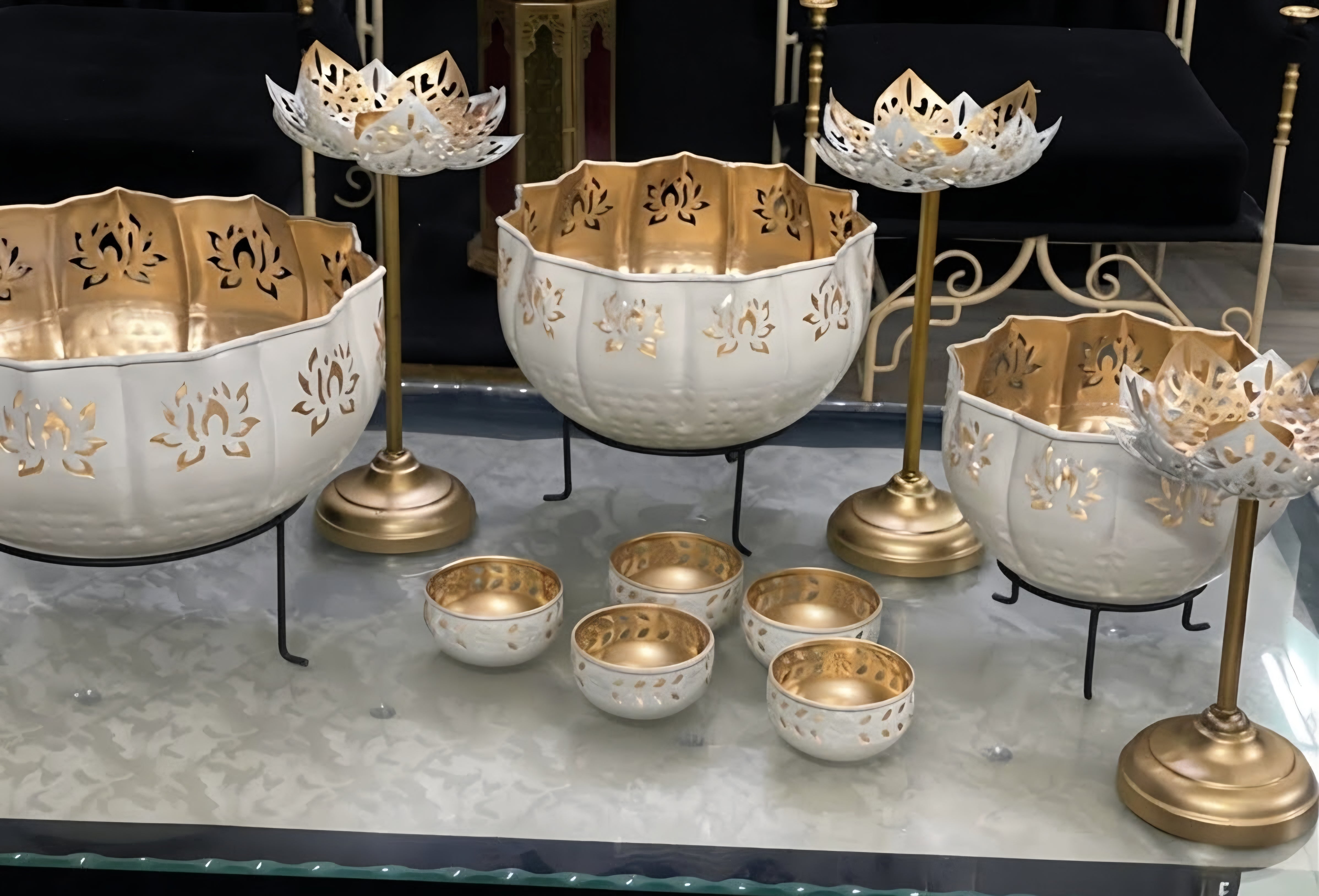 White & Gold Lotus Urli & Tealight Stand Set – 11-Piece Diwali Decoration Items for Home Décor Living Room Pooja Room Uruli Bowls Aesthetic Decorative Items for Home Décor