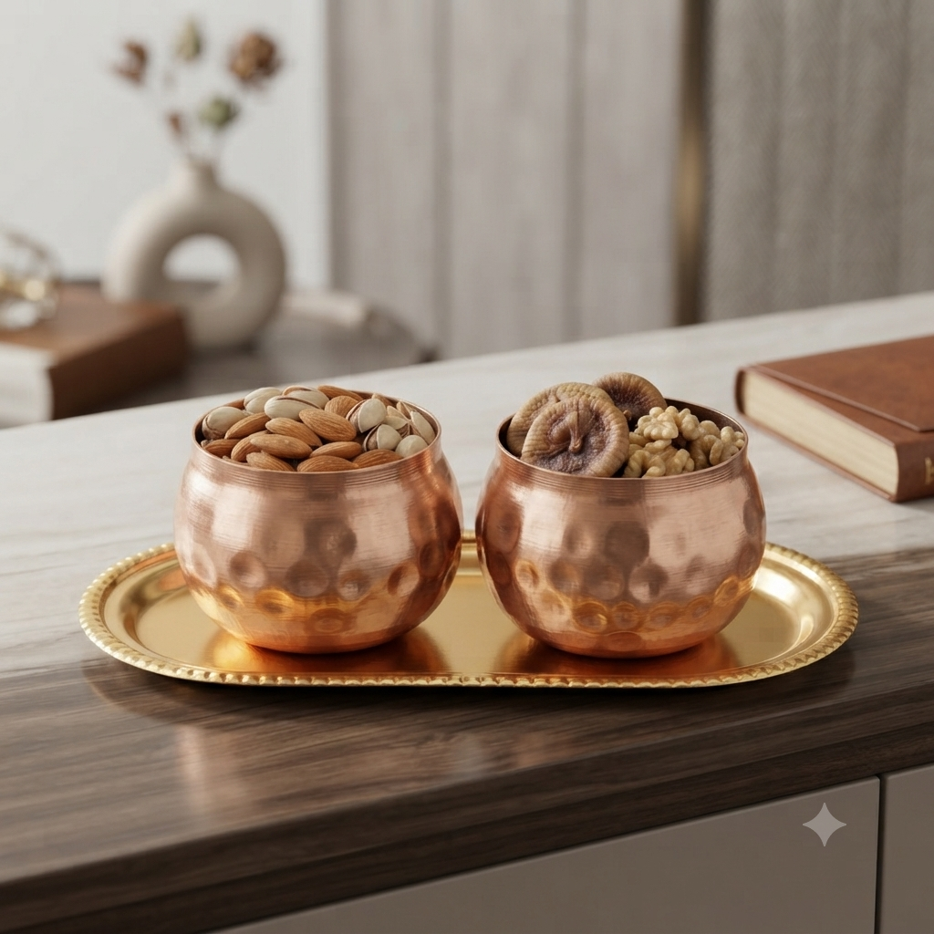 Copper Dry Fruit Box with Tray for Home, Dry Fruit Jar Set with Tray, Dry Fruit Container Box, Baby Shower Gift, Dry Fruit Box for Engagement, Return Gifts for Birthday (Set of 2)
