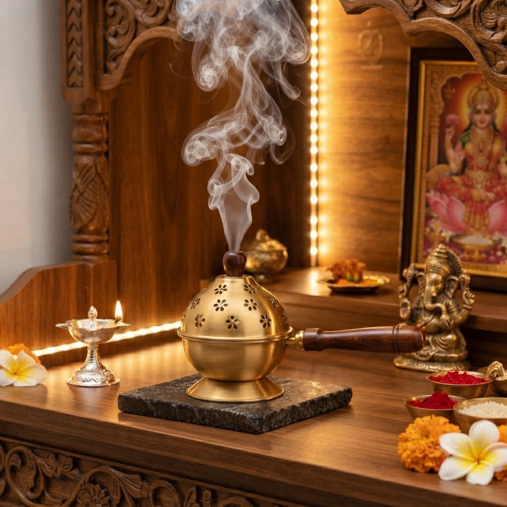 Metal Charcoal Incense Burner with Wooden Handle & Lid – Bakhoor Burner, Dhoop Dani, Loban Burner for Home, Temple, Meditation & Aromatherapy