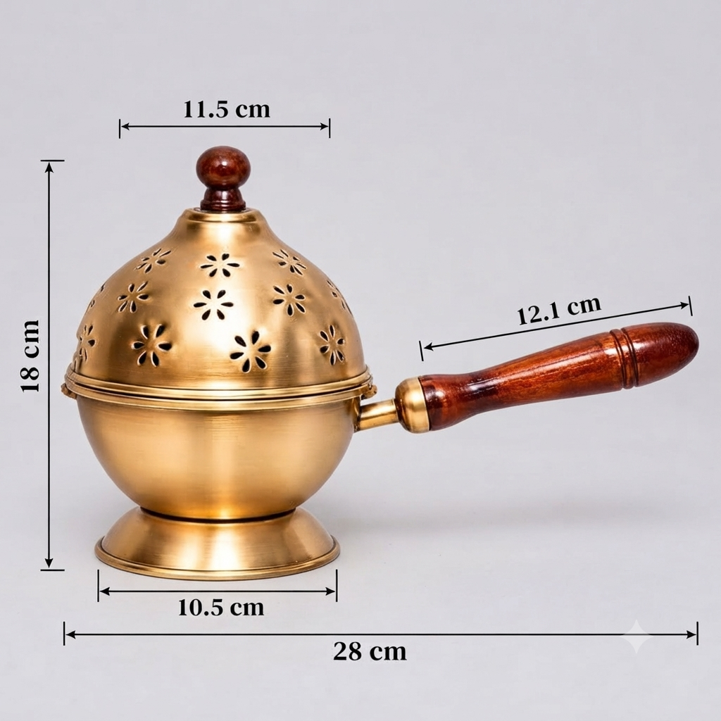 Metal Charcoal Incense Burner with Wooden Handle & Lid – Bakhoor Burner, Dhoop Dani, Loban Burner for Home, Temple, Meditation & Aromatherapy
