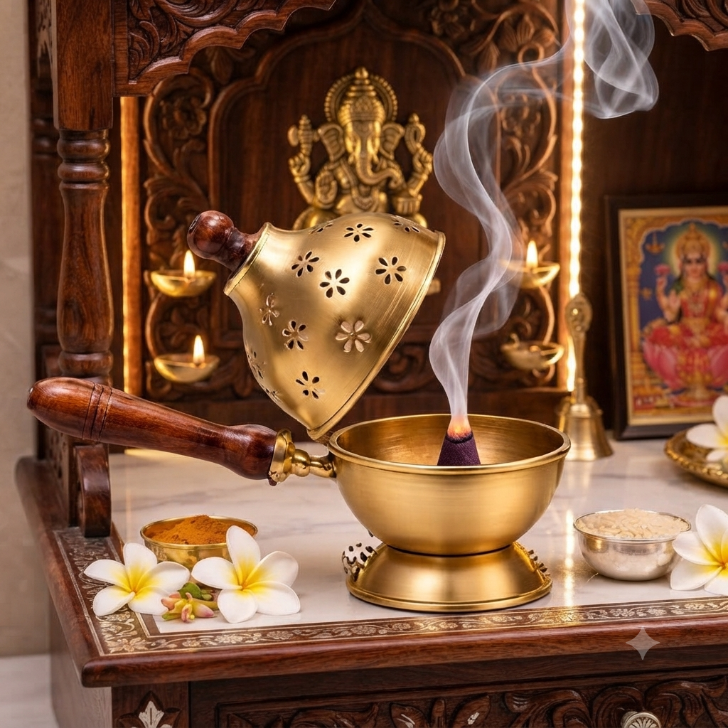 Metal Charcoal Incense Burner with Wooden Handle & Lid – Bakhoor Burner, Dhoop Dani, Loban Burner for Home, Temple, Meditation & Aromatherapy