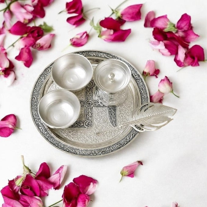 Luxurious 8-Inch Silver Plated Swastik Puja Thali Set | Elegantly Packaged Return Gift for Diwali & Weddings