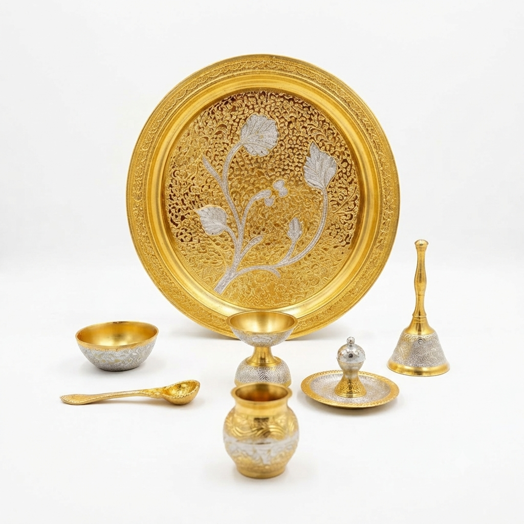 Handcrafted German Silver Pooja Thali Set in Velvet Box | Gold & Silver Tone