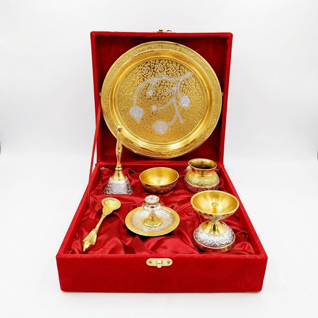 Handcrafted German Silver Pooja Thali Set in Velvet Box | Gold & Silver Tone