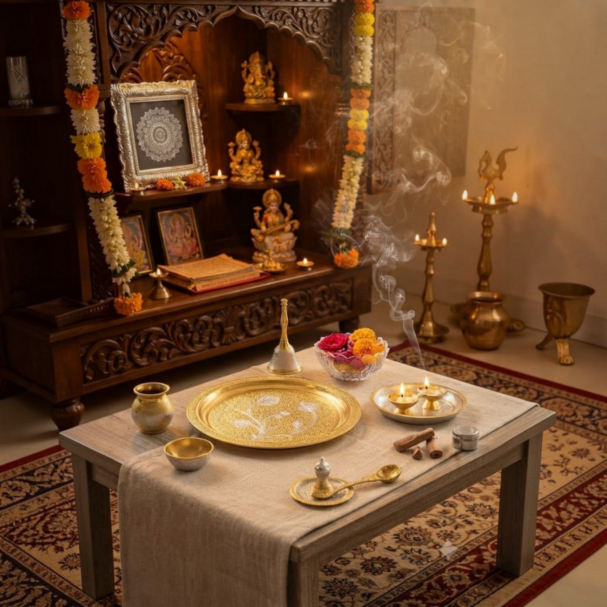 Handcrafted German Silver Pooja Thali Set in Velvet Box | Gold & Silver Tone