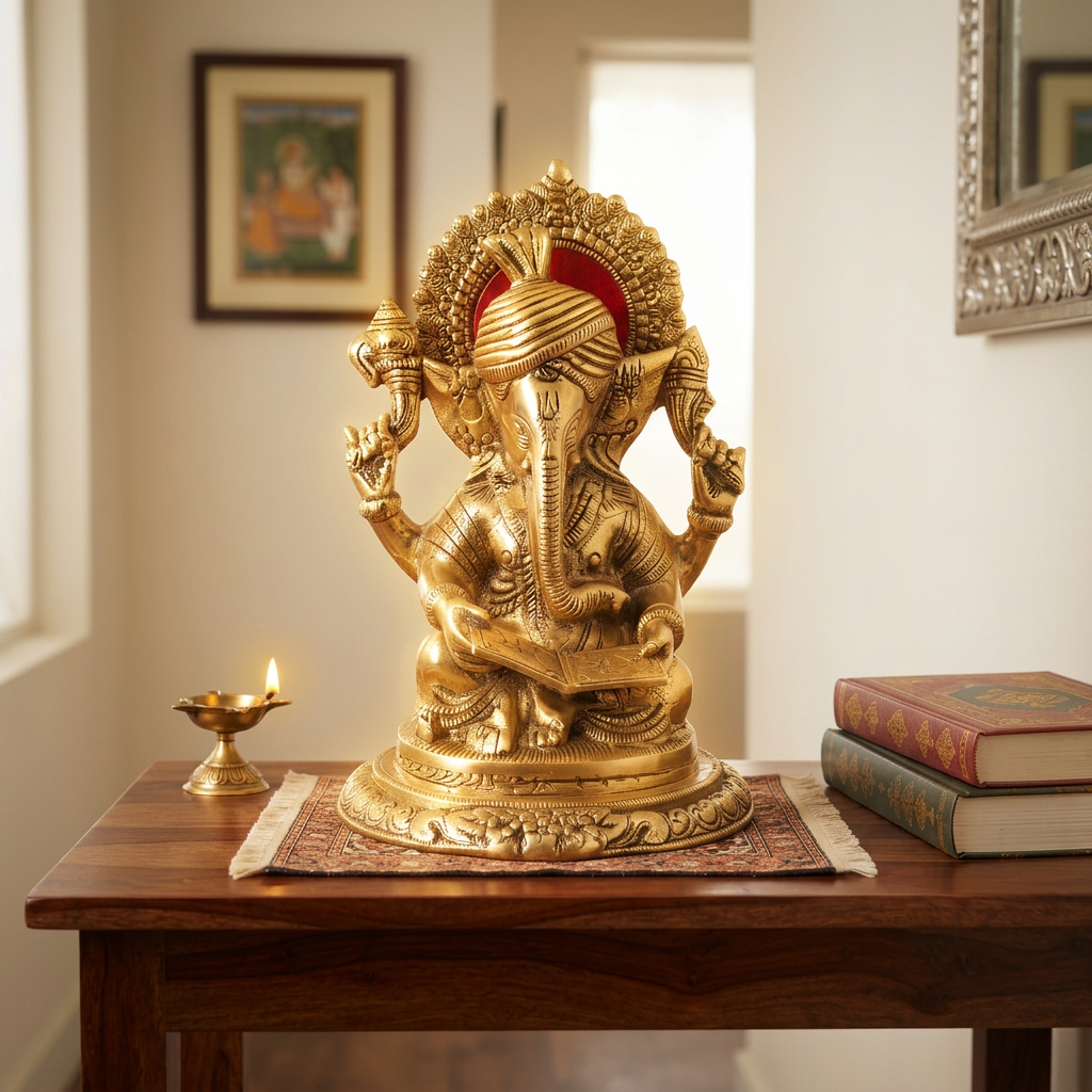 Ganesha Murti/Idol Sitting and Reading Book 25cm- Aluminium Metal Idol - Perfect for Pooja and Home Decor - Ideal for Gifting - Golden Idol