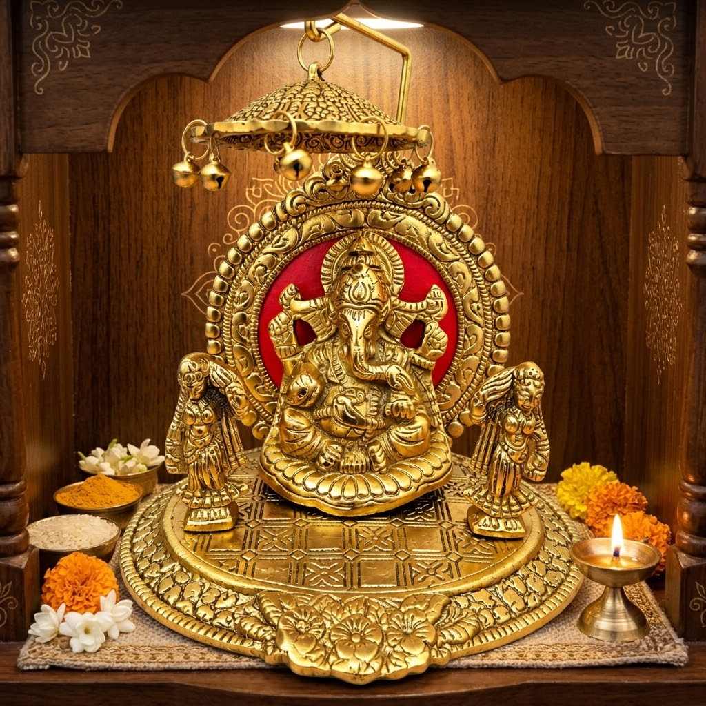 Ganesha Idol with Chhatri & Bells, 15 cm