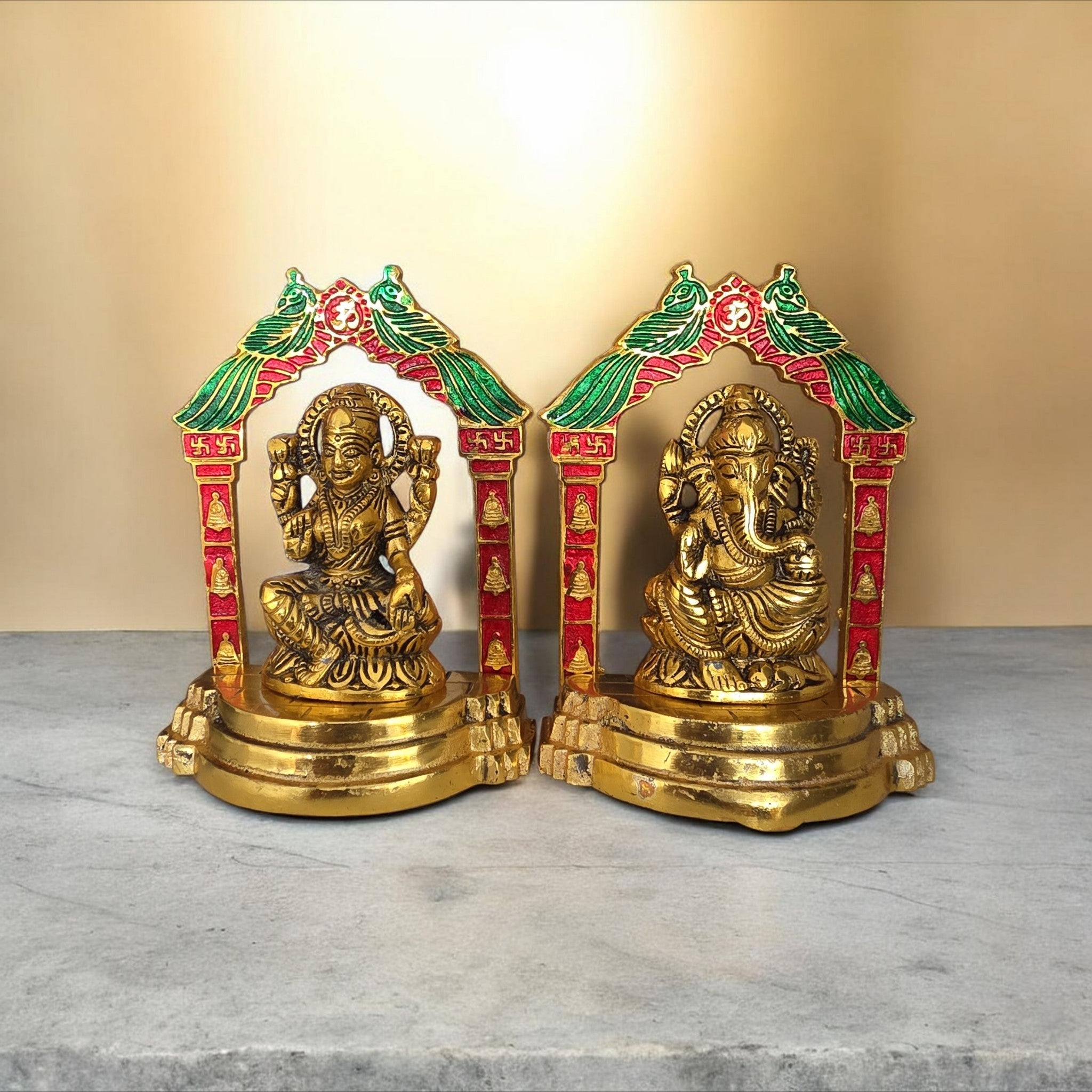 Handcrafted 14cm Meenakari Laxmi Ganesh Metal Idol Set for Pooja Temple & Home Decor | Brass Lakshmi Ganesha Murti for Diwali, Housewarming & Gifts