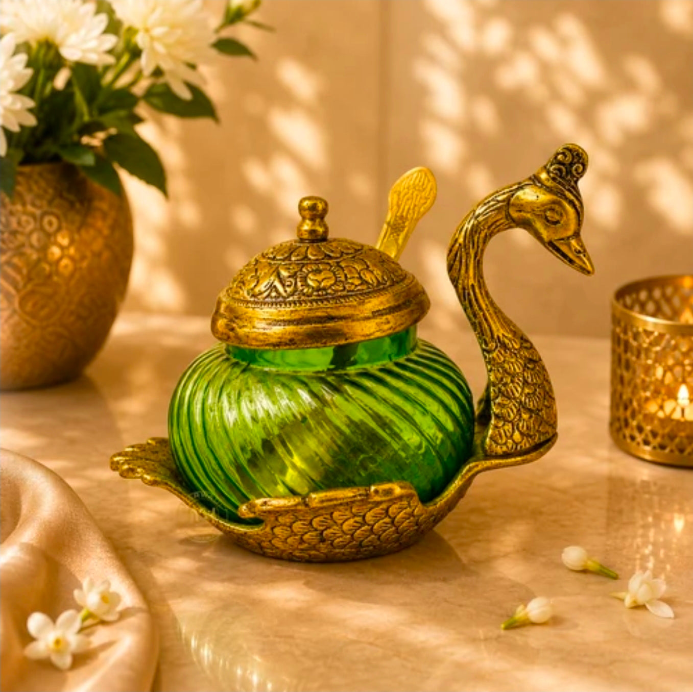 Golden Duck Glass Jar with Spoon – Premium Dry Fruit Gift Set