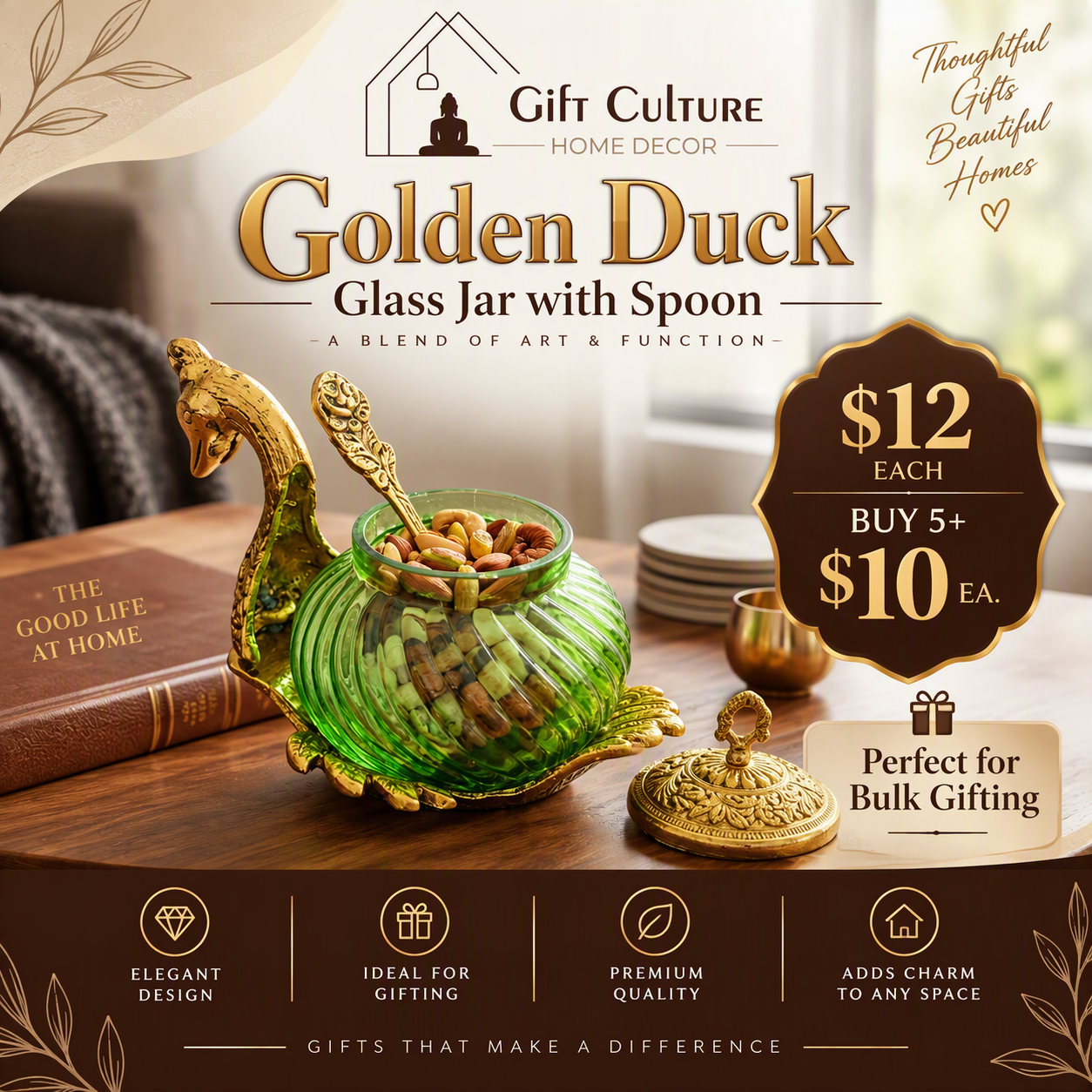 Golden Duck Glass Jar with Spoon – Premium Dry Fruit Gift Set