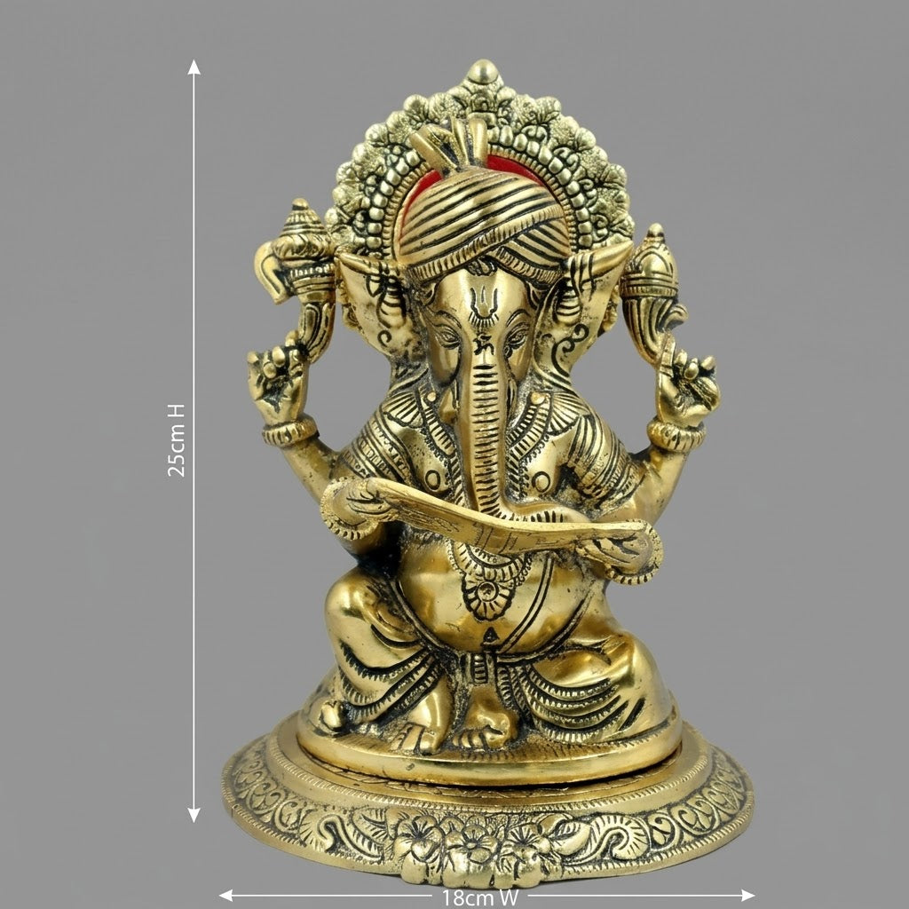 Ganesha Murti/Idol Sitting and Reading Book 25cm- Aluminium Metal Idol - Perfect for Pooja and Home Decor - Ideal for Gifting - Golden Idol