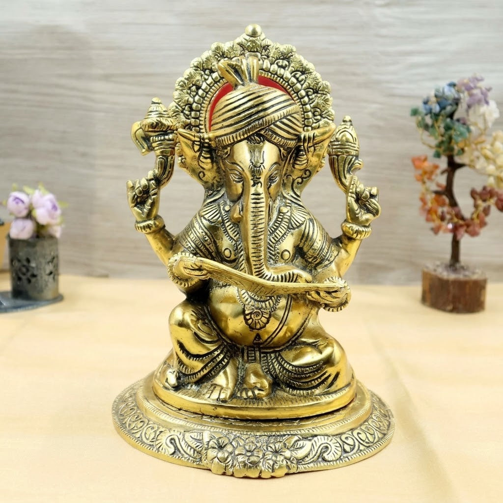 Ganesha Murti/Idol Sitting and Reading Book 25cm- Aluminium Metal Idol - Perfect for Pooja and Home Decor - Ideal for Gifting - Golden Idol