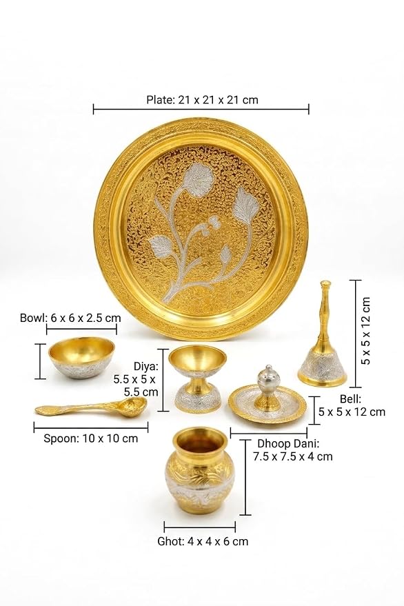Handcrafted German Silver Pooja Thali Set in Velvet Box | Gold & Silver Tone