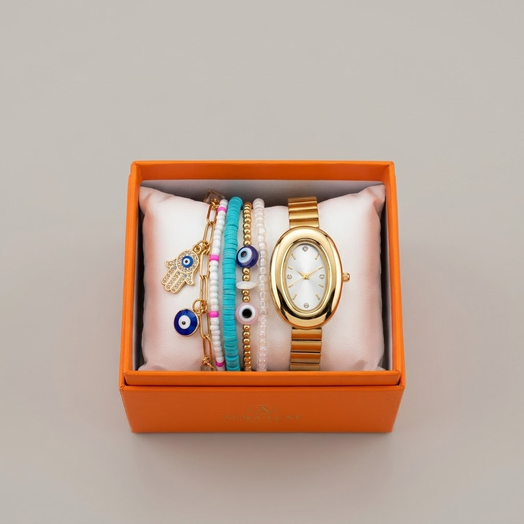 Hand Watch and 2 Evil Eye Bracelets + 3 Other Bracelets Set of 6Pcs in Orange Gift Box
