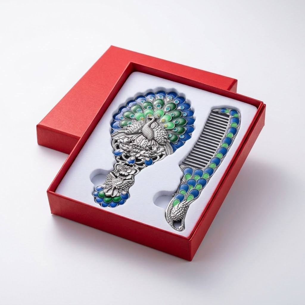 Vintage Enameled Peacock Hand Mirror and Comb Set with Premium Gift Box
