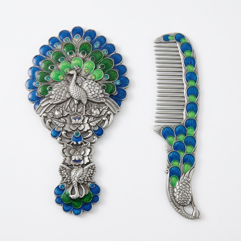 Vintage Enameled Peacock Hand Mirror and Comb Set with Premium Gift Box