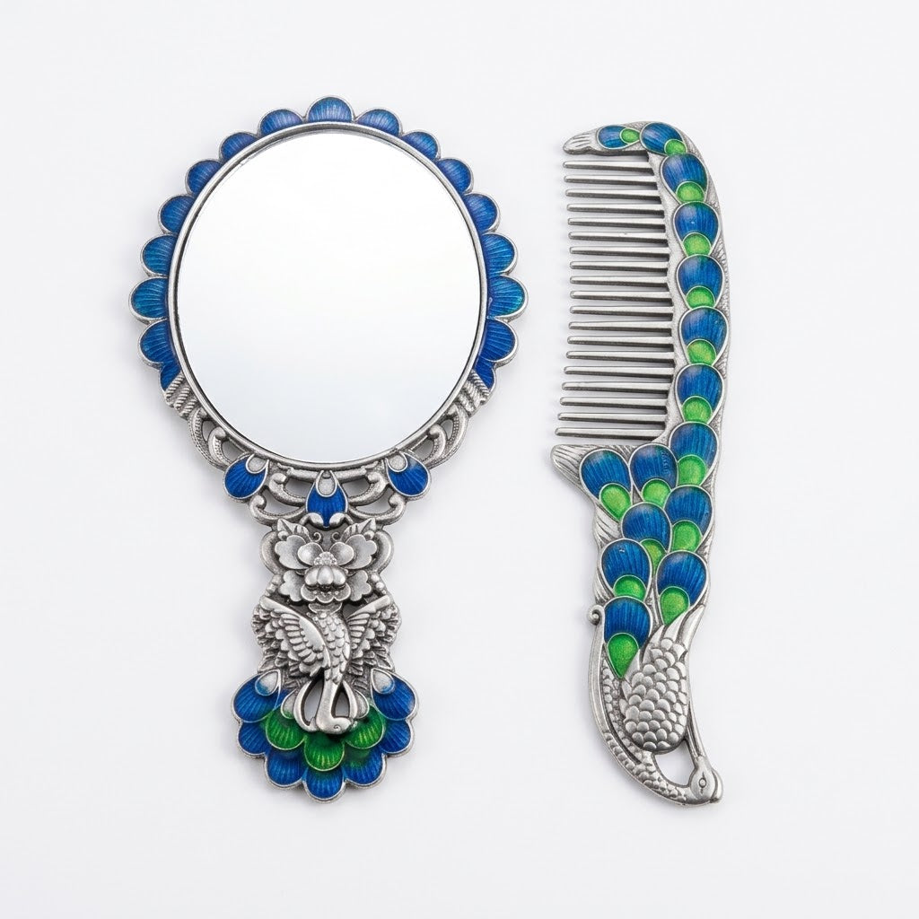 Vintage Enameled Peacock Hand Mirror and Comb Set with Premium Gift Box