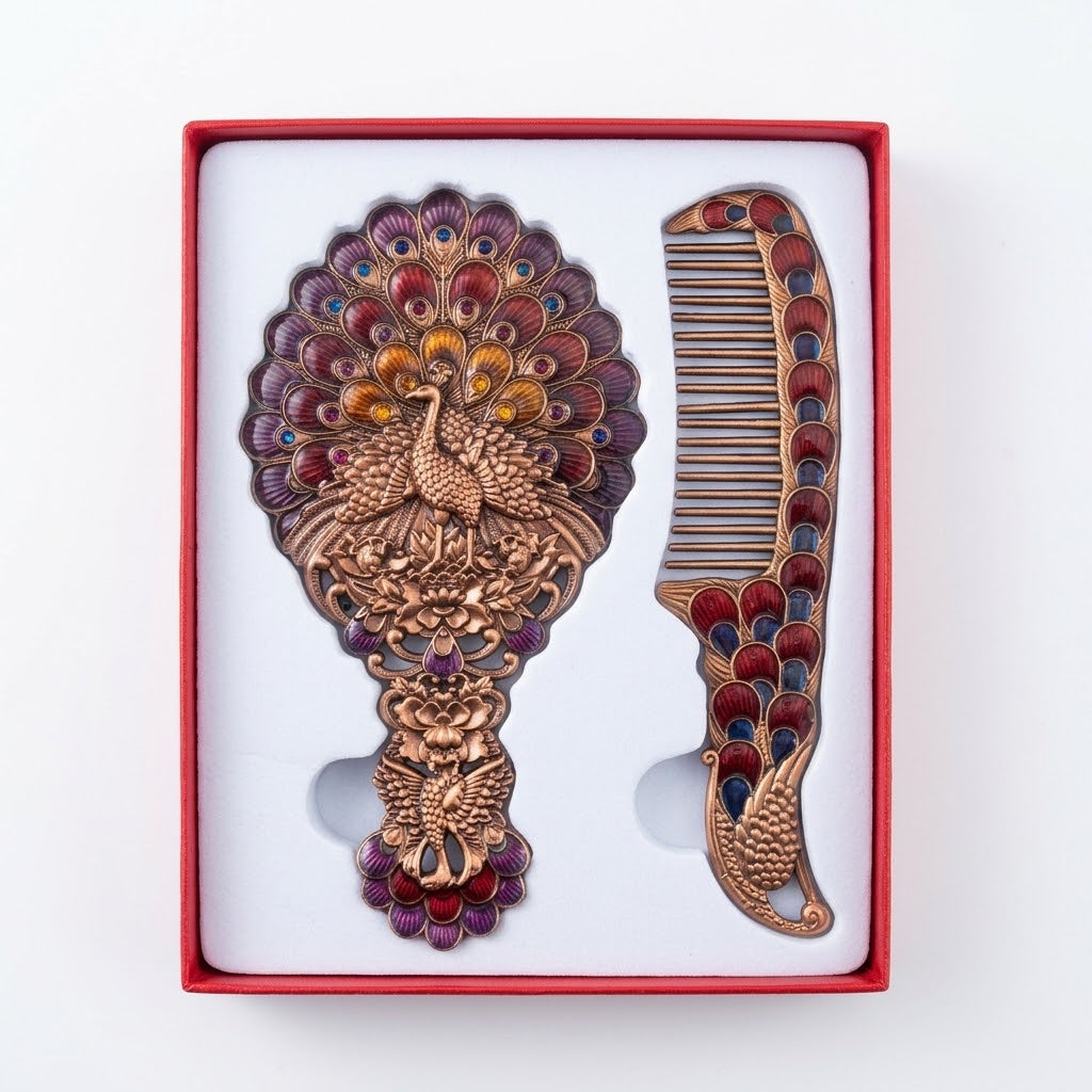Vintage Enameled Peacock Hand Mirror and Comb Set with Premium Gift Box