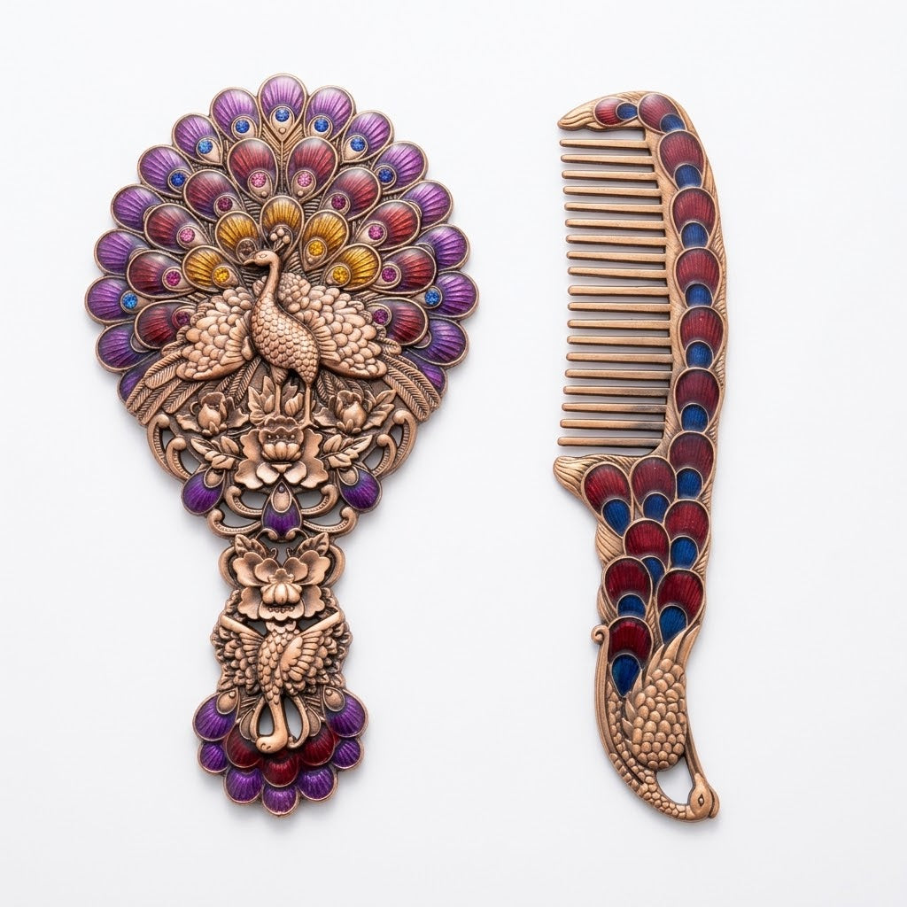 Vintage Enameled Peacock Hand Mirror and Comb Set with Premium Gift Box