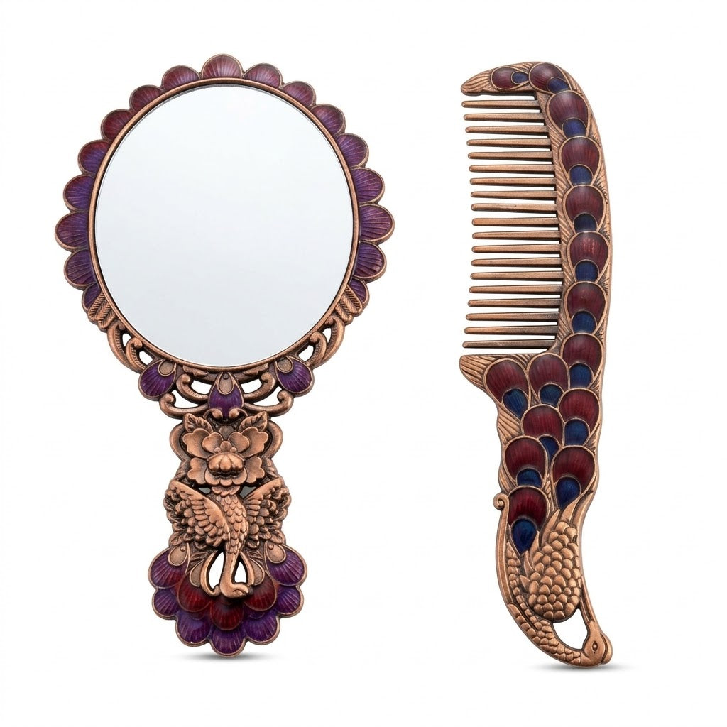 Vintage Enameled Peacock Hand Mirror and Comb Set with Premium Gift Box