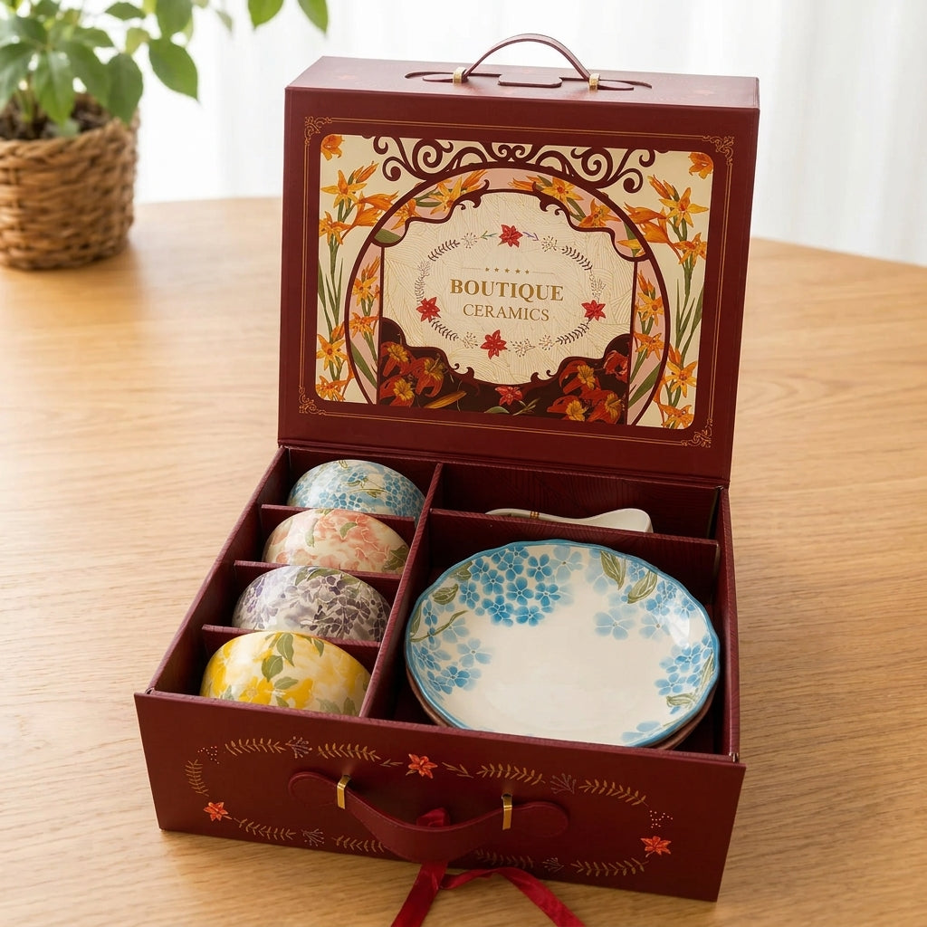 Botanical Glazed Ceramic Serving Set - 4 Bowls, 2 Plates, 4 Spoons