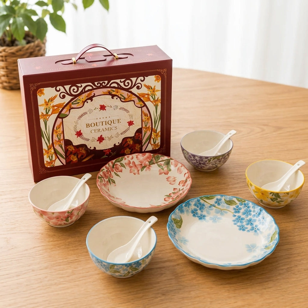 Botanical Glazed Ceramic Serving Set - 4 Bowls, 2 Plates, 4 Spoons