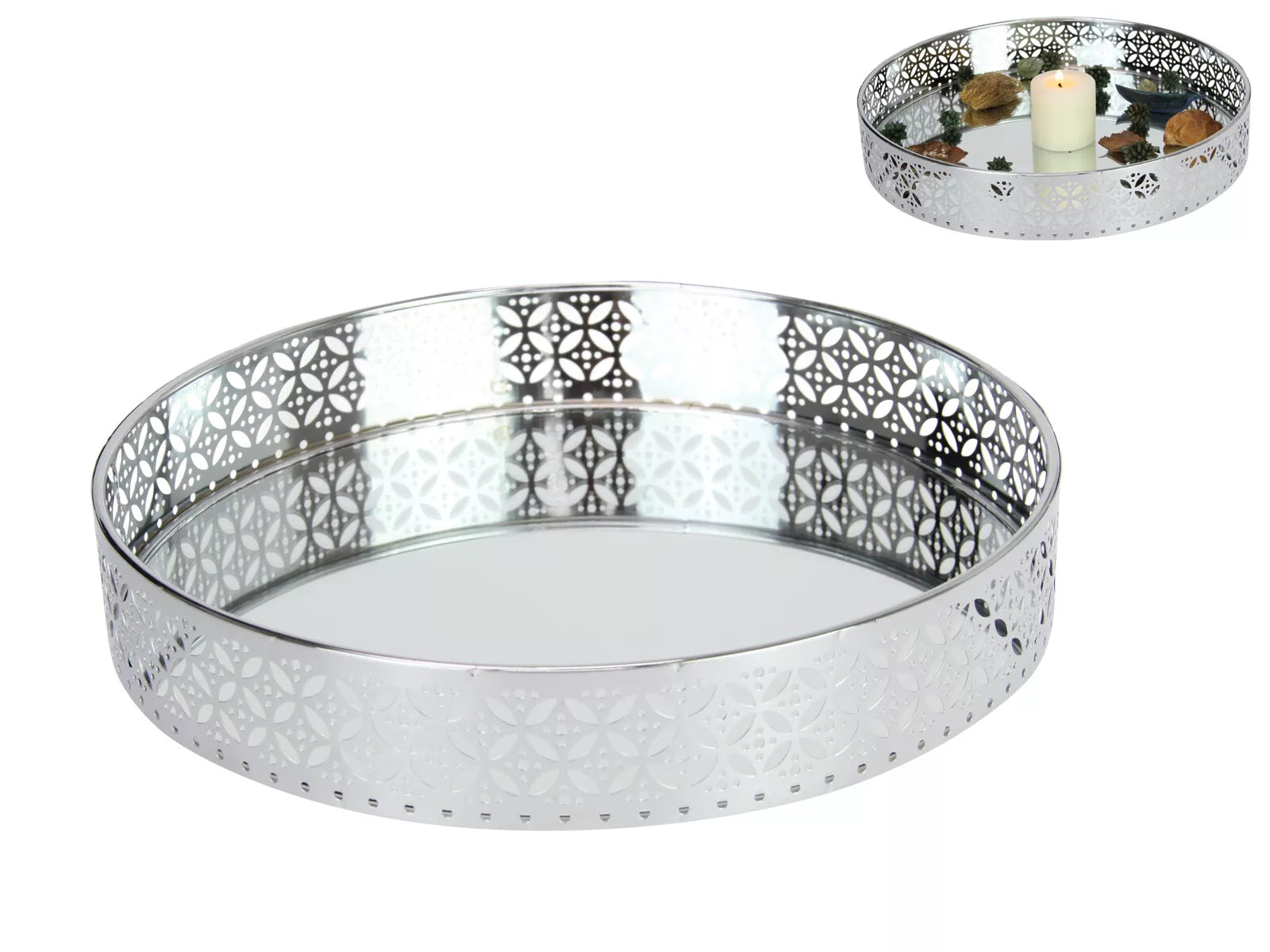 30cm Round Mirrored Vintage Look Tray