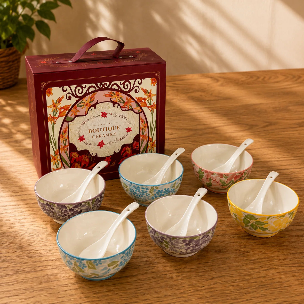 Botanical Glazed Ceramic Bowl & Spoon Set (6 Pcs) – Premium Gift Box
