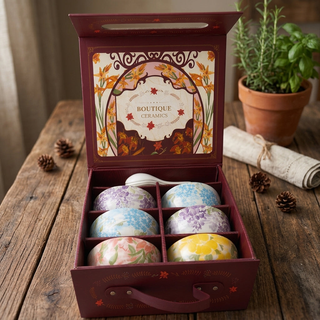 Botanical Glazed Ceramic Bowl & Spoon Set (6 Pcs) – Premium Gift Box