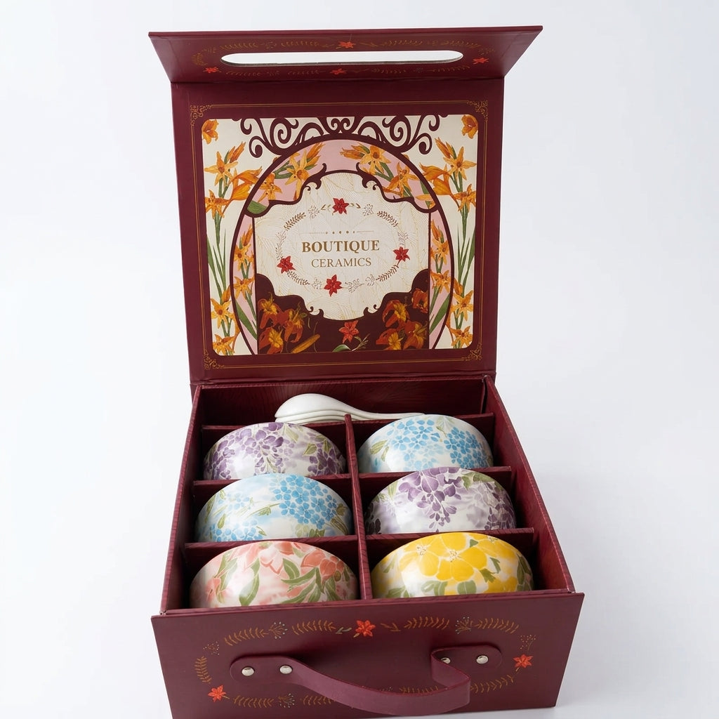 Botanical Glazed Ceramic Bowl & Spoon Set (6 Pcs) – Premium Gift Box