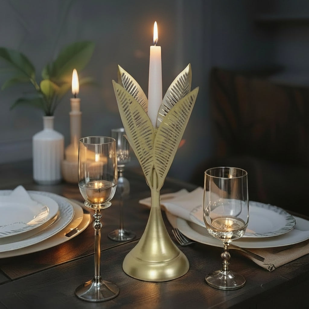 Aura Leaves Gold Taper Candle Holder