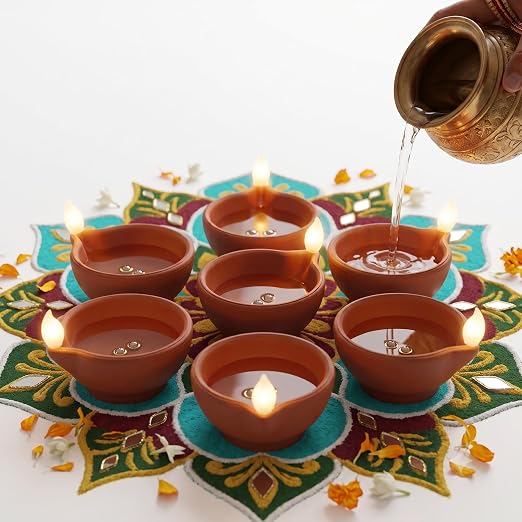 Water Sensor LED Diya Pack of 12 - Flameless & Oilless Water-Activated Clay Light