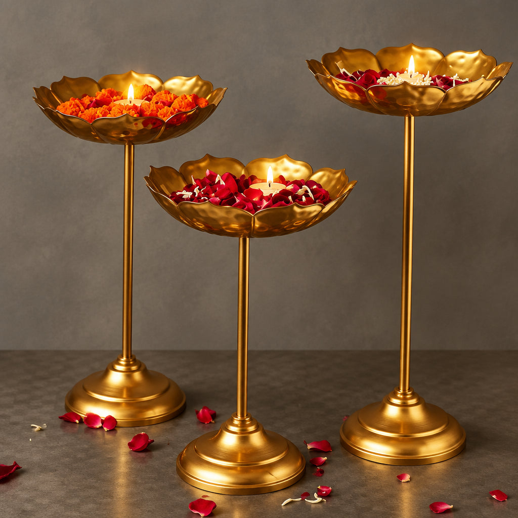 Beautiful Handcrafted Lotus Urli Bowl With Stands Diwali Set of 3 Decorative Bowl With Stands Floating Flowers And Tea Light Candles Home, Urli Stand Tealight Holder, Golden