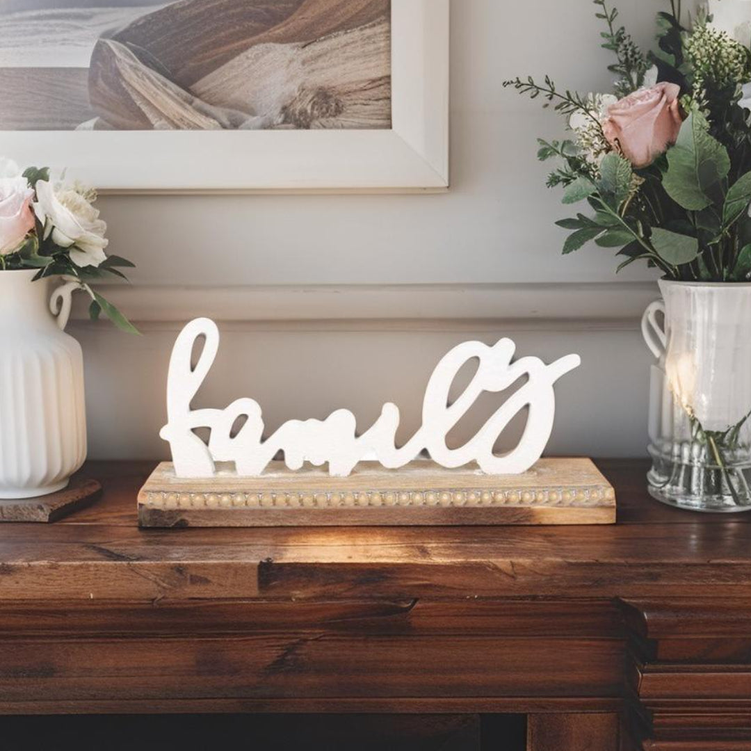 Family Word Sign on Wood Base - Rustic Home Decor
