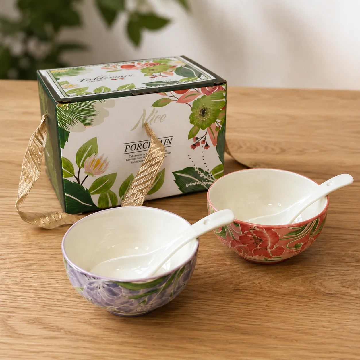 Botanical Glazed Ceramic Bowl Set - 2 Bowls & 2 Spoons Gift Set
