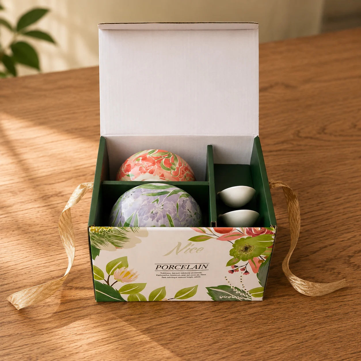Botanical Glazed Ceramic Bowl Set - 2 Bowls & 2 Spoons Gift Set
