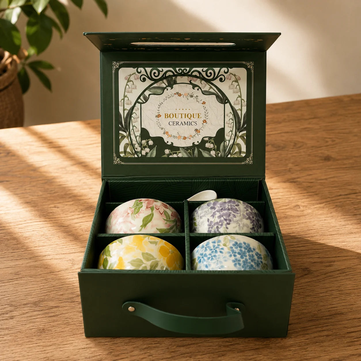 Botanical Glazed Ceramic Bowl Set - 4 Bowls & 4 Spoons Gift Set