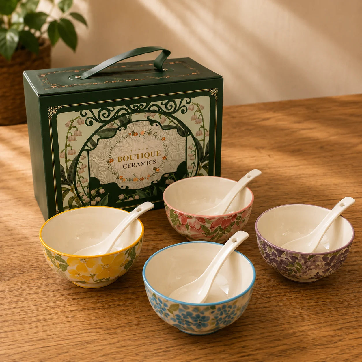 Botanical Glazed Ceramic Bowl Set - 4 Bowls & 4 Spoons Gift Set