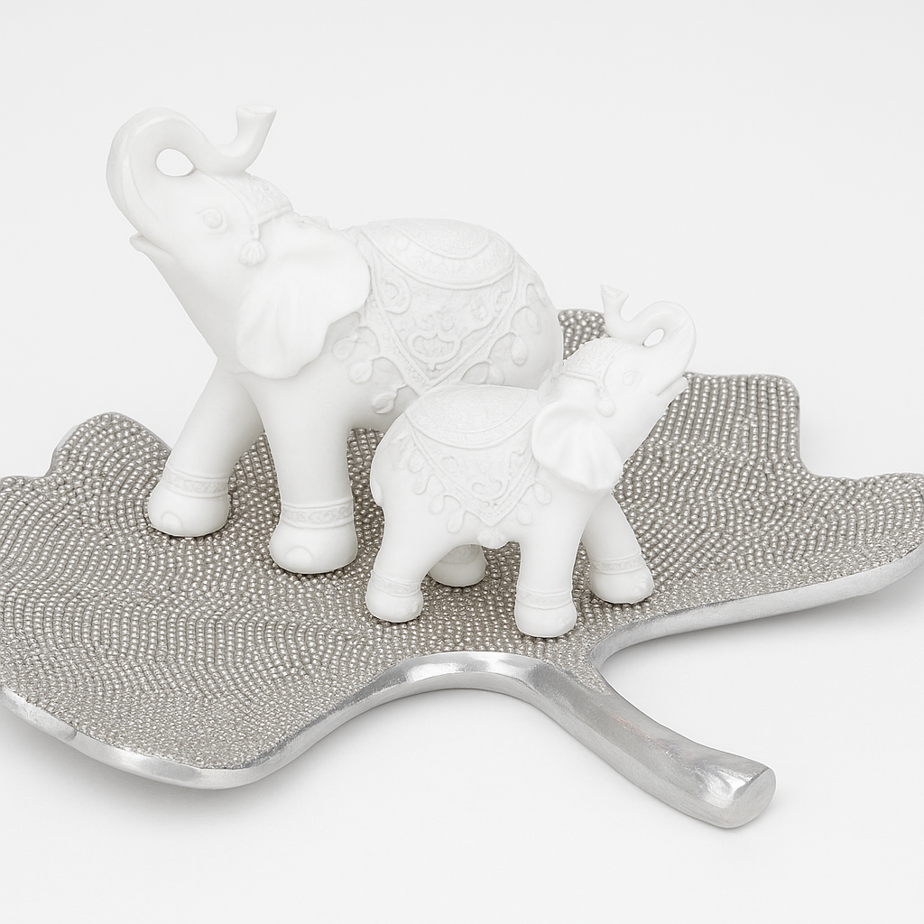 White Elephant Figurine Set on Silver Textured Tray