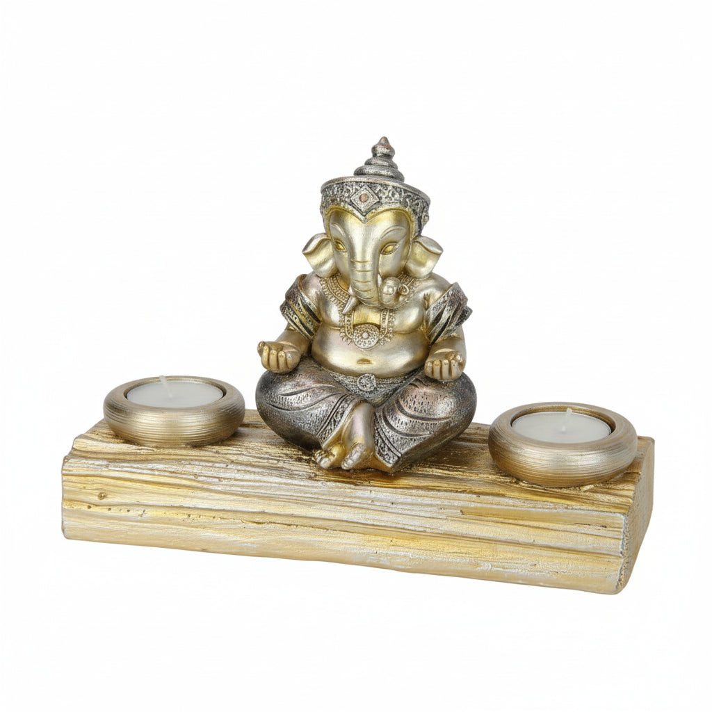 14cm Ganesha Statue with Double Tealight Holder – Gold & Silver Finish