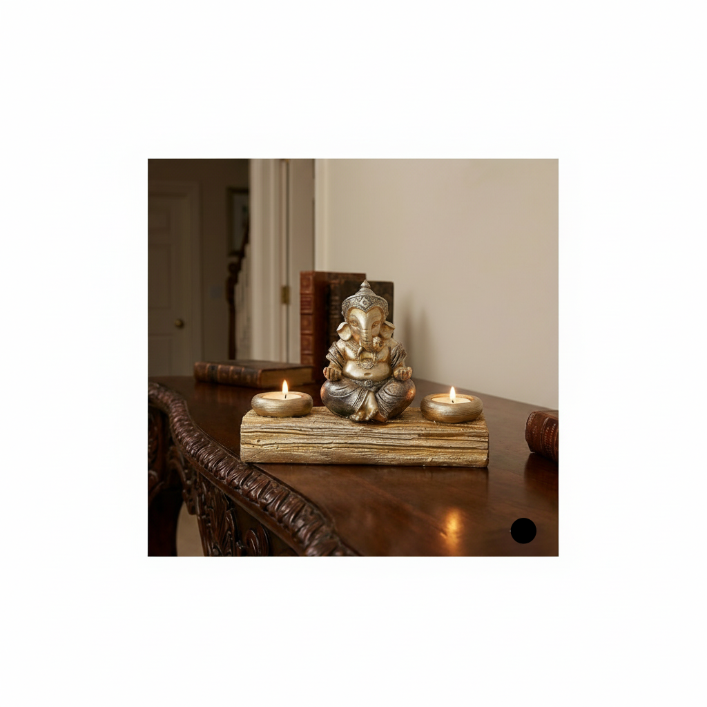 14cm Ganesha Statue with Double Tealight Holder – Gold & Silver Finish