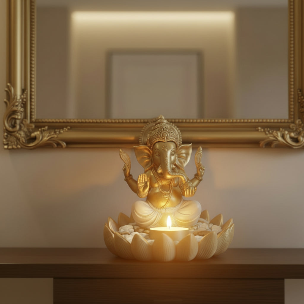 15cm Ganesh on Lotus Tealight Holder - Spiritual Home Decor & Gift Box