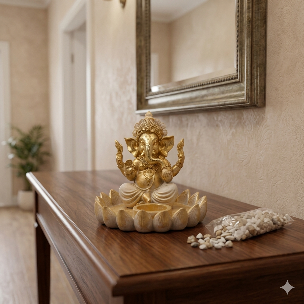 15cm Ganesh on Lotus Tealight Holder - Spiritual Home Decor & Gift Box