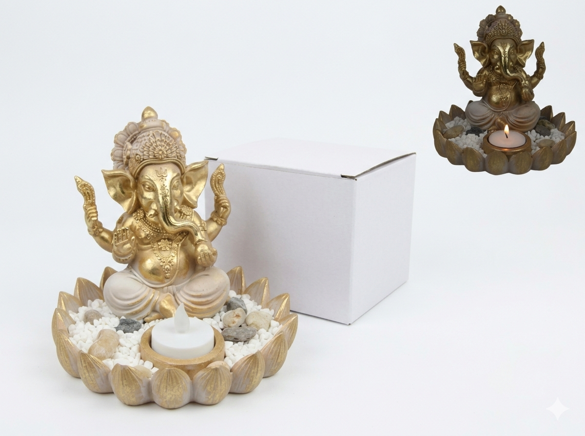 15cm Ganesh on Lotus Tealight Holder - Spiritual Home Decor & Gift Box