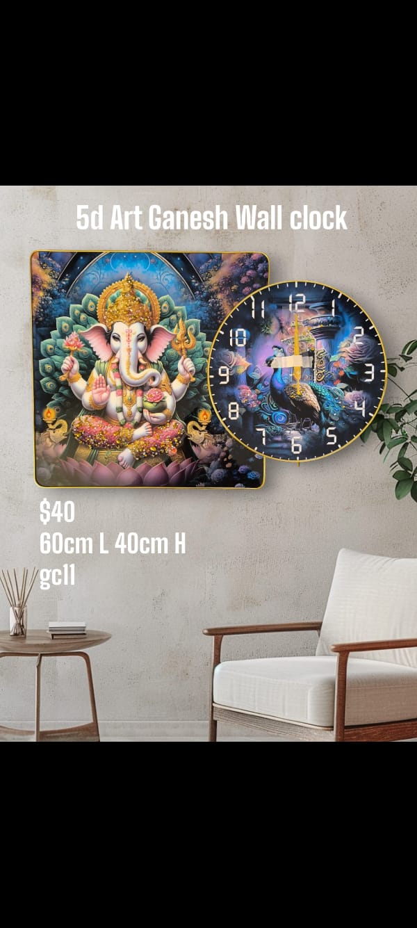 5D Crystal Art Ganesh with Peacock – Wall Clock