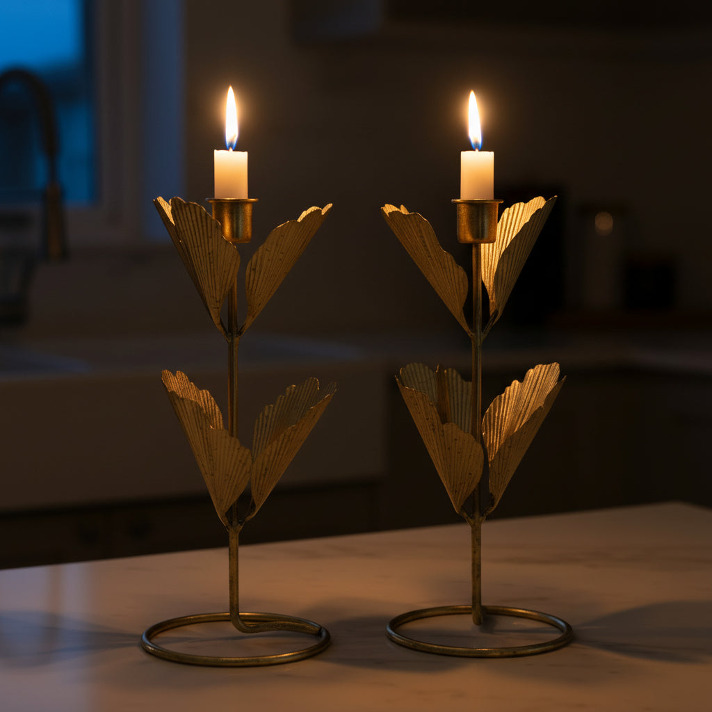 29cm Gold Leaf Candle Holder Set of 2 – Elegant Metal Table Centerpiece Decor