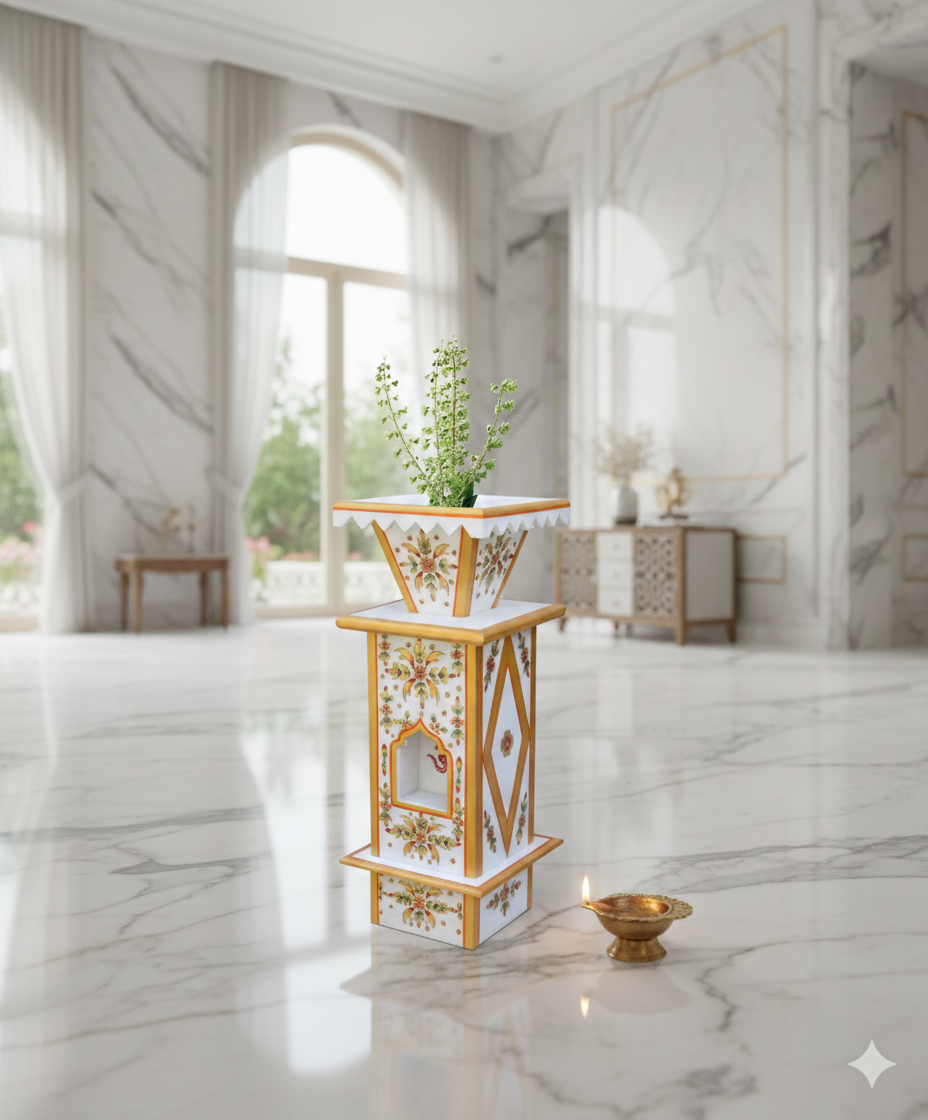 Marble Tulsi Pot – Hand‑Painted Traditional Tulsi Kyara for Home Garden