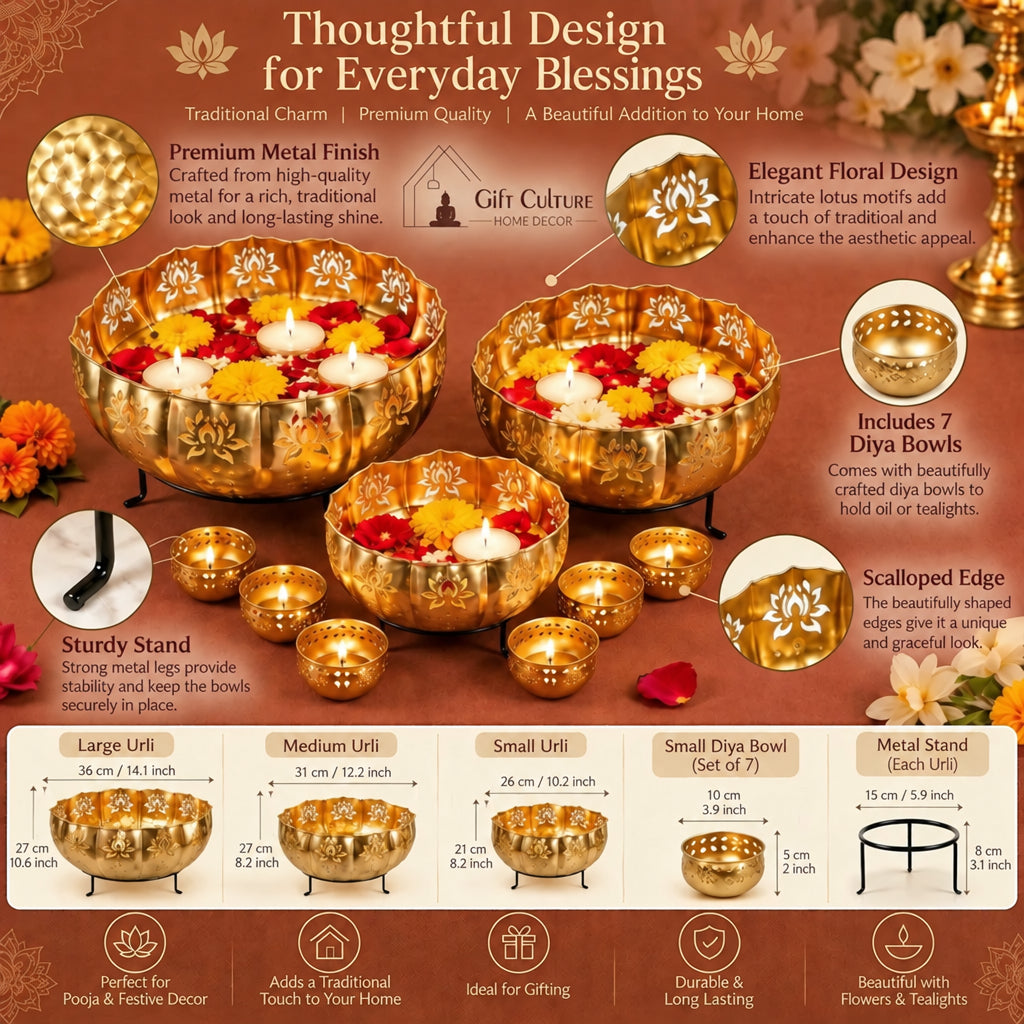 Lotus Urli Bowl with Stand With Candle Stand Set for Home Decor (Metal, Set of 13 pcs)