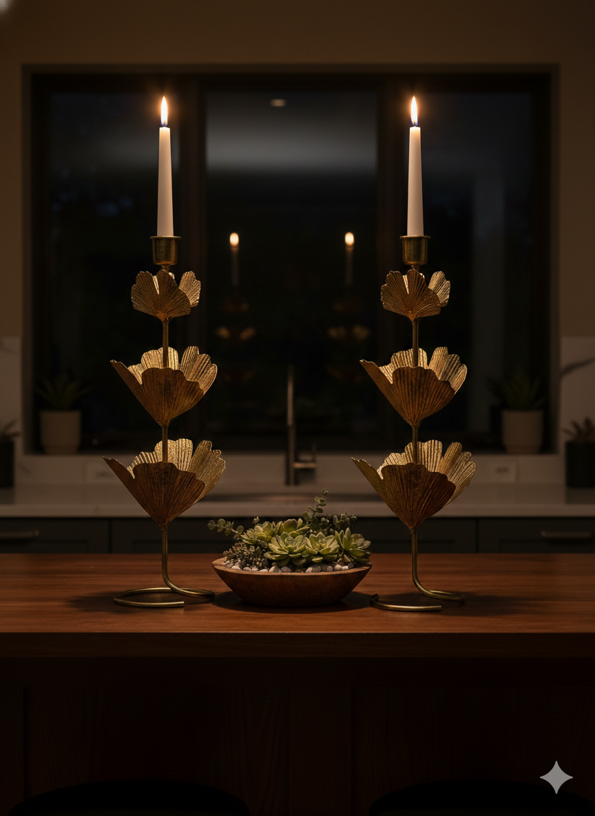 36cm Gold Leaf Candle Holder Set of 2| Elegant Modern Candelabra